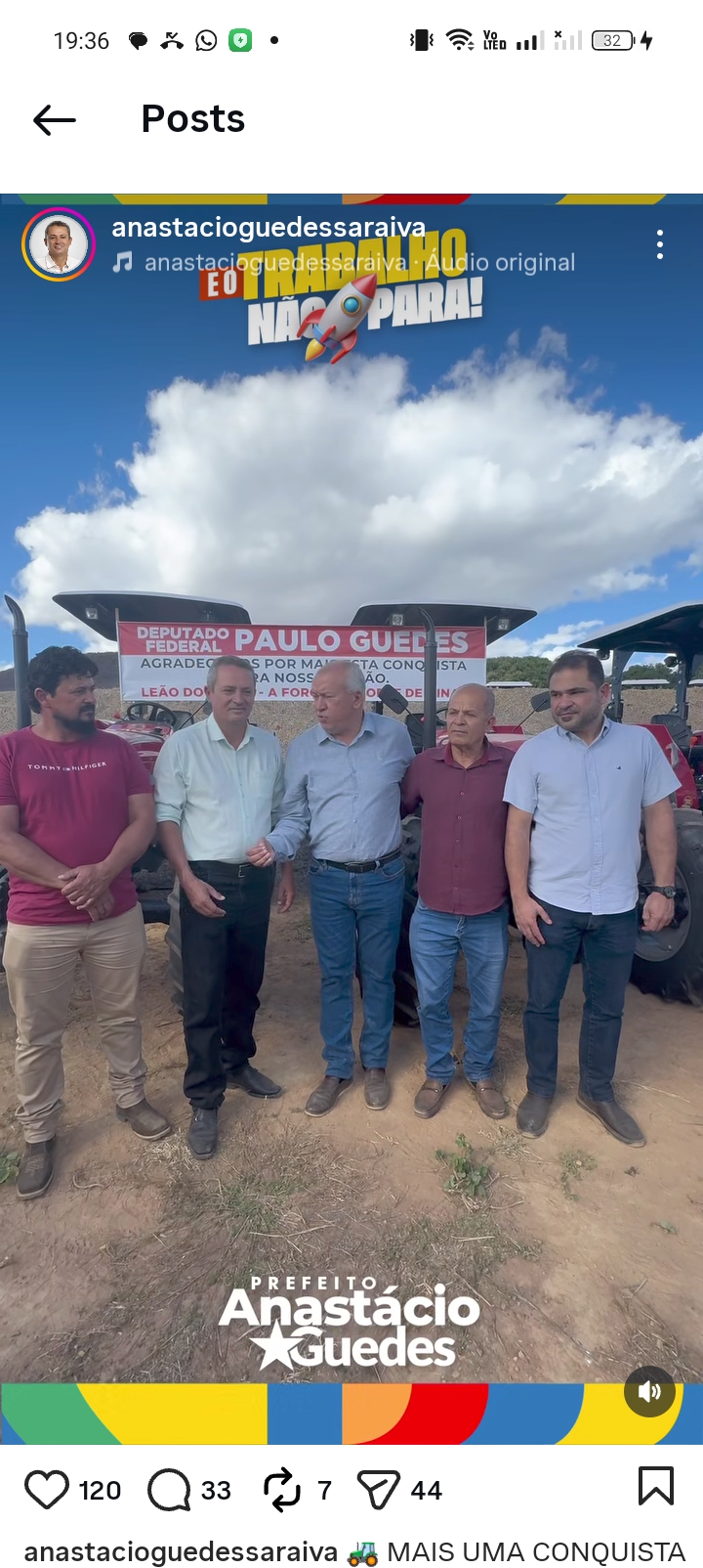Prefeito Anastácio Guedes fortalece agricultura familiar com entrega de trator para a comunidade de Maracaia